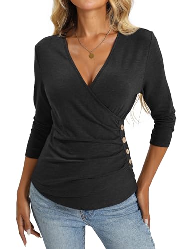 Deep V Neck 3/4 Length Sleeve Tops for Women Ruched Sexy Slim Fit Button Side Blouse4