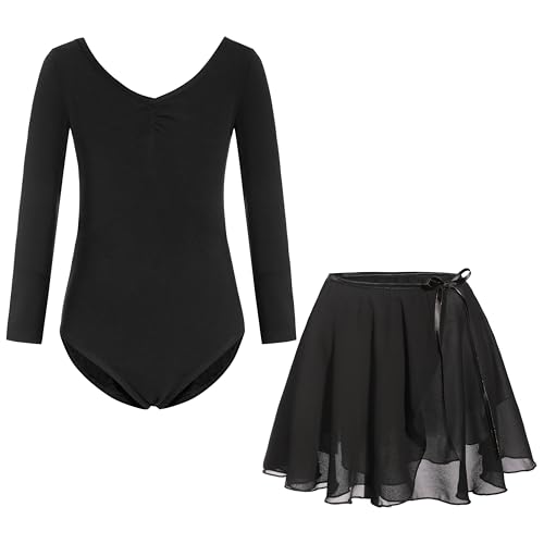 FONLAM Vestido Maillot de Ballet Danza para Niña Maillot Gimnasia Manga Larga Falda Ballet Tutú Leotardo de Baile (10-11 Años, Negro)