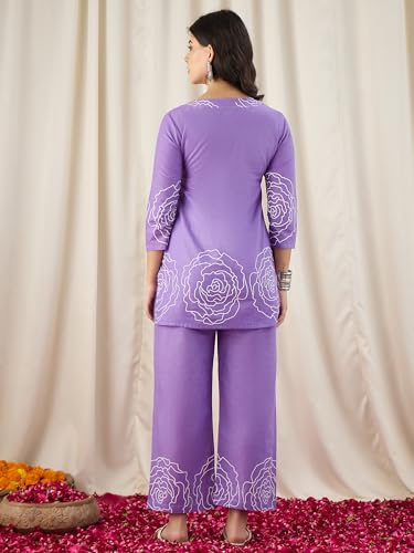 Image of Naixa Women's Lavender Cotton Printed Straight Kurta with Pant | Co-ord Set (NX-CS02)