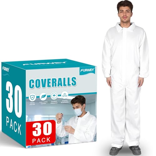 FURWEY Hazmat Suits 30 Pack Disposable Non-Hooded Protective Coveralls, Heavy