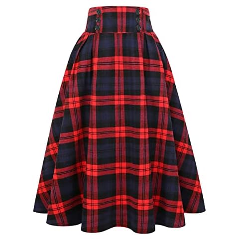 IDEALSANXUN Plaid Skirt for Womens High Waist Aline Pleated Midi Skirts, Red, X-Small Cover