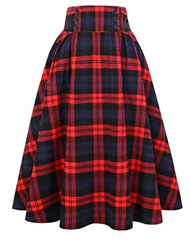 IDEALSANXUN Red Plaid Skirt Christmas Skirt for Women Christmas Dresses Outfits Clothes Midi A Line Pleated Tartan Flannel Skirts Red M