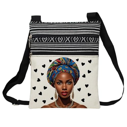 African American Messenger Bag Small Ethnic Pattern Printed Adjustable Strap Crossbody Zipper Pouch Heart Black Woman Phone Organizer Wallet Cute Shoulder Handbag for Black Women