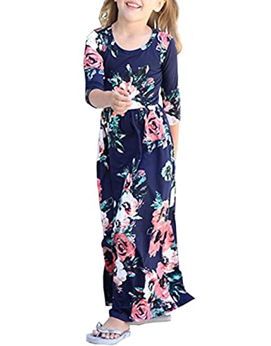 Maxi vestido para niñas con diseño floral casual y manga 3/4 con bolsillo para niñas 6-12 T - Multi - 10 años