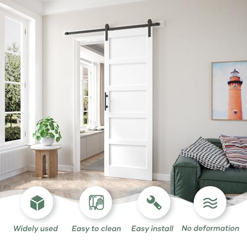 Image of Fredbeck 32x96 inch White Barn Door with 5.5FT Sliding Door Hardware Kit Included & Handle,Solid,MDF,PVC Surface,DIY Assembly,5-Panel