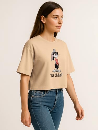 Image of HELLCAT Beige Printed Loose Fit Crew-Neck Crop T-Shirt for Women