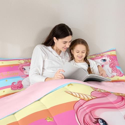 Image of Erosebridal Pink Unicorn Full Bed Comforter Set for Girls | Princess Rainbow Unicorn Bedding Set Cute Stars Striped Bed Sets Girly Cartoon Horse Quilt Comforter Fantasy Girls Room Decor,3 Pcs
