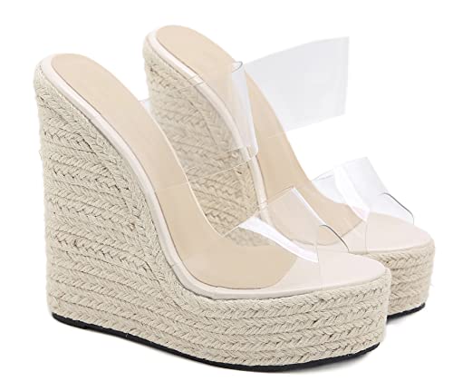 LizFoYa Women Peep Toe Espadrille Platform Heels Lucite Double Straps Wedge High Heels Beach Slide Sandal Shoes3