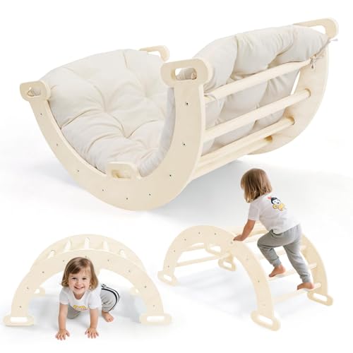 2-in-1 Toddler Climbing Frame with Armrests, Wooden Arch Climber Ladder with Cushion, Natural Wood, Non-Slip Foot Mat, Pole Reinforcements, Baby Climbing Arch for 1-6 Years (Semi-cir-w/armrest-wood)