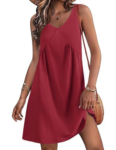 AI'MAGE Vestido camisero sin mangas para mujer, estilo informal, holgado, cuello en V, para playa, tallas S-XXL, Rojo vino, XL