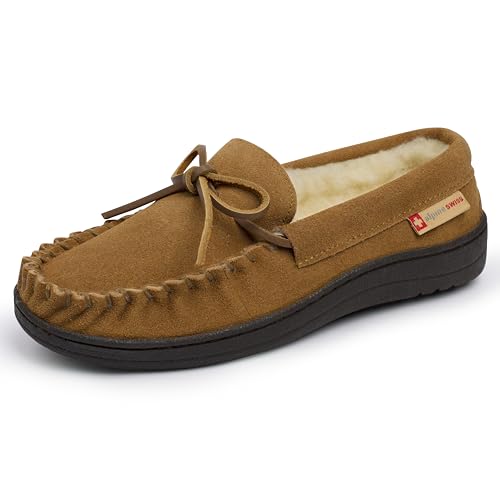 Image of Alpine Swiss Sabine Womens Moccasin Slippers Genuine Suede House Shoe Memory Foam Insole Plush Faux Shearling Fur Indoor Outdoor Anti-Slip Rubber Sole