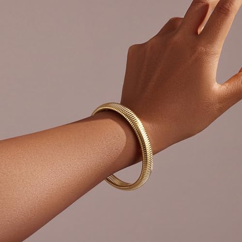 Gold Bangles Bracelets for Women - Chunky Bangles Bracelets Set, 14K Gold Plated Stainless Steel Stretch Bracelets, Flexible Wide Thick Stackable Bracelets Set, Gold Jewelry Gifts for Women2