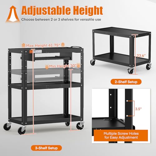 Image of Extra-Large 3-Tier Utility Cart with Built-in Power Strip - Heavy-Duty 14-Gauge Steel Rolling Cart for Office, Workshop, or Classroom - 300 Lb Capacity (34 inch x 18 inch x 41.75 inch)