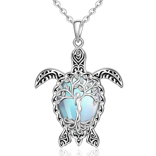 Fenthring Turtle Necklace for Women Moonstone Tree of Life Sea Turtle Necklace Mom Turtles Pendant Jewelry Sterling Silver Birthday Mothers Day Gifts