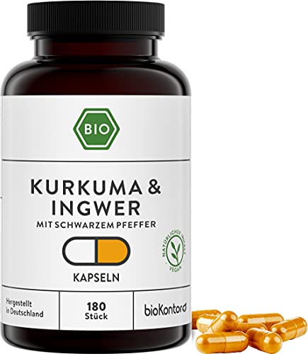 bioKontor BIO Kurkuma Ingwer Piperin Kapseln vegan 180 Stück 3000 mg Tagesdosis Monats Vorrat Bio Kurkuma Pulver + Piperin + Ingwer gemahlen Curcumin aus Kurkumawurzel deutsche Herstellung