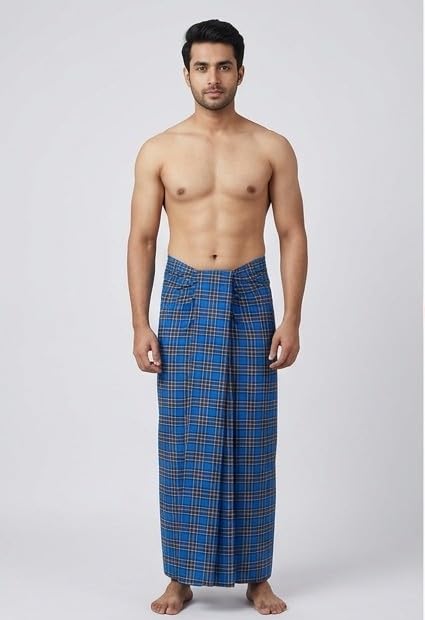 2.25Meters Men's Lungi, Blue Checkered Pattern, Casual Style-picture-14