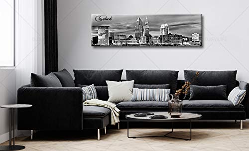 Image of Cleveland Skyline Decor Wall Art,Black and White Canvas Prints 13.8 inchx47.3 inch | Night View USA Cityscape Panoramic Painting for Bedroom Office Framed and Ready to Hang