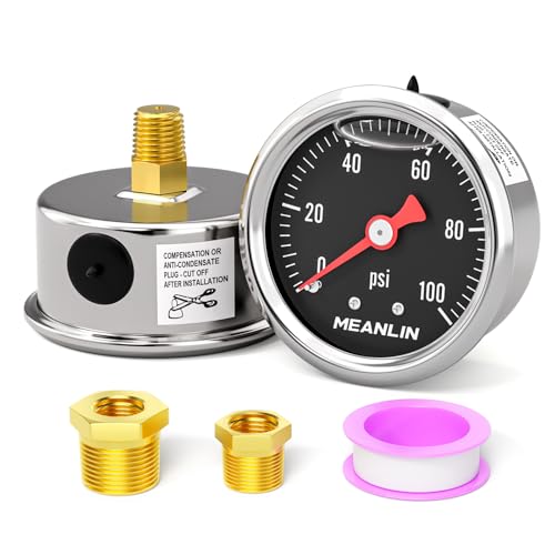 MEANLIN MEASURE 0~100Psi Stainless Steel 1/8" NPT 1.5" FACE DIAL, Glycerin Filled Pressure Gauge, Liquid Filled, Back Mount(Black) with 1/4" NPT and 3/8" NPT Hex Bushing