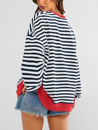 Image of PRETTYGARDEN Womens Striped Oversized Sweatshirt Color Block Crew Neck Long Sleeve Casual Loose Pullover Top Y2K Clothes