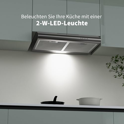 FIREGAS Dunstabzugshaube 60 cm, Umluft- und Abluftbetrieb, 250 m³/h, 3 Leistungsstufen, inkl. Kohlefilter, energieeffizient A+, leise, LED-Beleuchtung, Edelstahl