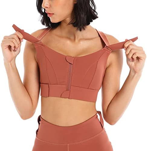 High Impact Sports Bra for Women,Zip Front Adjustable Strap Criss-Cross Back Padded Workout Yoga Bra Red, Large