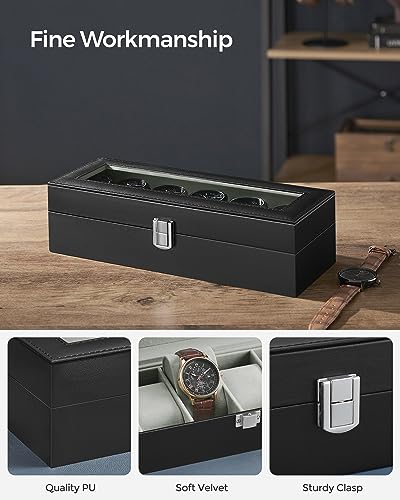 Image of SONGMICS 6-Slot Watch Box, Glass Topped Watch Display Storage Case as Gift, with Velvet Lining, Cushions, and Lock, Black UJWB06BK