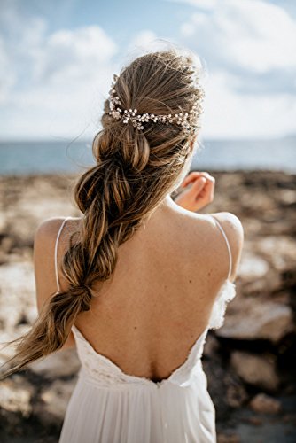 Kercisbeauty Handmade Boho Bridal Bridesmaids Flower Girls White Flower and Pearl Headband Vine Spring Headpiece Hair Vine Bridal Accessories Vintage Rustic Wedding (Gold) - Image 3