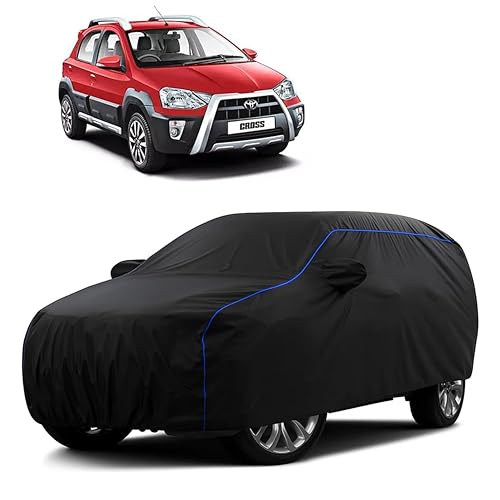 Image of Sulfar 100% Water Resistant Car Body Cover Compatible with Mirror for Toyota Etios Cross (Triple Stitched, Full Bottom Elastic, Black Tafetta with Blue Piping)