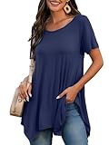 BELAROI Womens Basic Solid Loose Fit Short Sleeve Tunic T Shirt (L, Navy Blue)