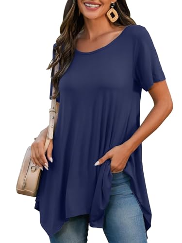BELAROI Womens Plus Size Tunic Tops Summer Short Sleeve Loose Fit T Shirt Casual Blouse Swing Flowy Tunics for Leggings(L,Navy Blue)