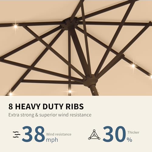 Image of 9FT Patio Umbrella with Solar Lights,Outdoor Market Umbrella with Tilt and Crank, LED Lighted Table Umbrella for Garden,Deck,Backyard,Pool,Beach (Khaki)