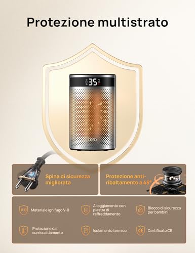 Dreo 1500 W Riscaldatore Elettrico Per Camera Da Letto, Da Pavimento, Protezione Da Surriscaldamento E Ribaltamento, Termostato Regolabile, Blocco Di Sicurezza Per Bambini, Silenzioso, Timer 12 Ore - 3