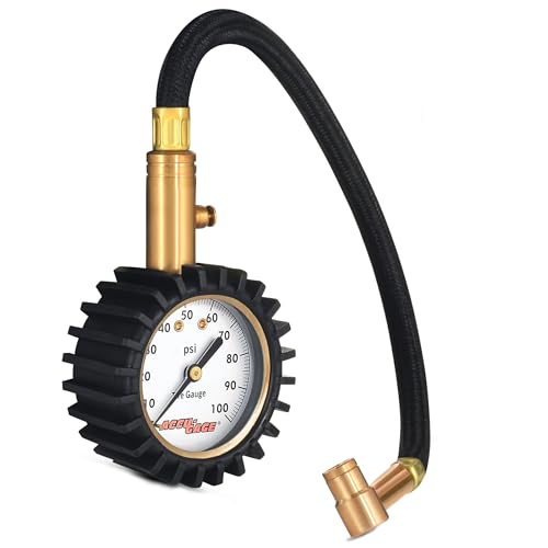 Image of Accu-Gage RRA100X Tire Pressure Gauge with Hose and Protective Rubber Guard, Right Angle Chuck, 100 PSI