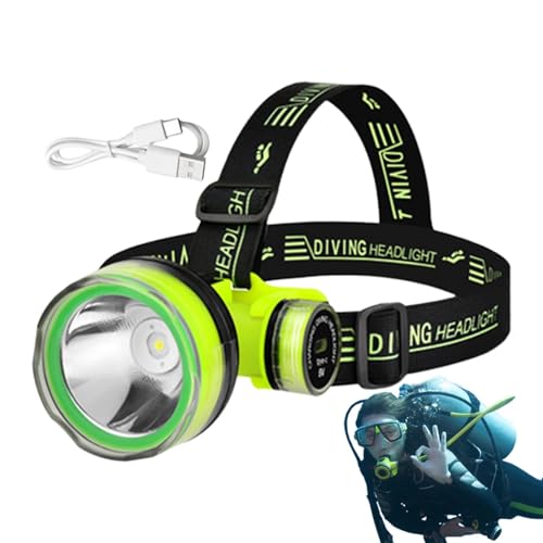 Lámpara de cabeza LED impermeable – 5,3 + 8,6 + 9 Cm, antorcha recargable USB, linterna sumergible IPX8, 2 vigas en modo de iluminación | Equipo submarino para buceo Explo