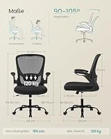 SONGMICS Bürostuhl ergonomisch, Drehstuhl mit Mesh, Lenden- und Kopfstütze, Wippfunktion, 53 cm große Sitzfläche, klappbare Armlehnen, Arbeits- und Schlafzimmer, Studenten, schwarz OBN37BK – Ansicht 3