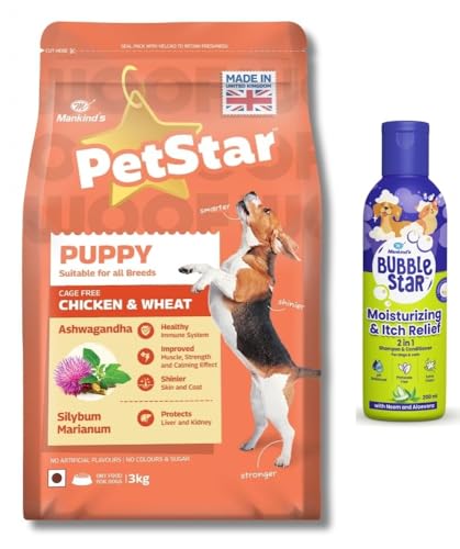 Image of Petstar Puppy Dry Dog Food (High Protein) Chicken & Wheat Flavor, 3kg and Mankind BubbleStar Neem & Aloe Vera 2-in-1 Shampoo & Conditioner for Dogs & Cats,200 ml