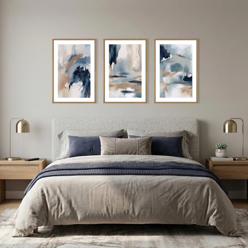 Image of KAIRNE Blue Abstract Neutral Framed Canvas Wall Art Set, Navy Abstract Wall Decor, Watercolor Blue and Brown Wall Painting, Modern Textured Art Prints for Living Room, Bedroom, Office-24 x36 x3