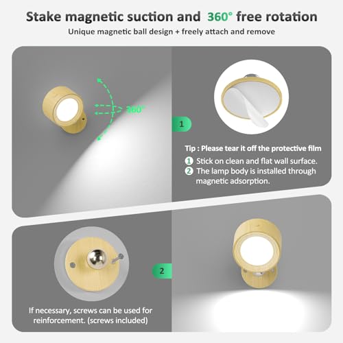 Image of Racokky LED Wall Mounted Lights 2 Pcs with Remote, Wall Sconces Lamp 3000mAh Rechargeable Battery Operated, 3 Color Temperatures & Dimmable Magnetic 360 Rotation Cordless Light for Bedroom Reading