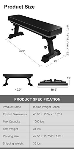 Adjustable Flat Weight Bench – 440 Lbs Capacity, Easy Assembly, Non-Slip Feet For Home Gym Strength Training
