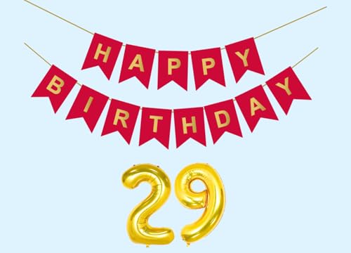 Image of 29th Happy Birthday Decoration Kit Red for 29 year Old Boys Girls Men with Number Twenty-nine Party Decorations Decor Celebration Items Item Set Combo Reusable Paper Banner