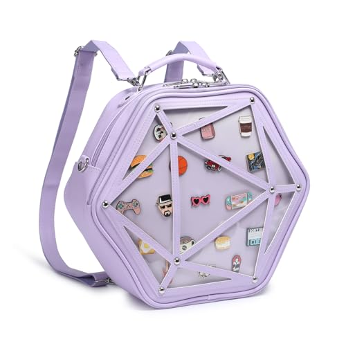 Image of Hexagonal PU Ita Backpack, Clear Pin Window Crossbody Purse for Anime Fans | Convertible Straps, Ample Room For Comic Meets & Daily Trips