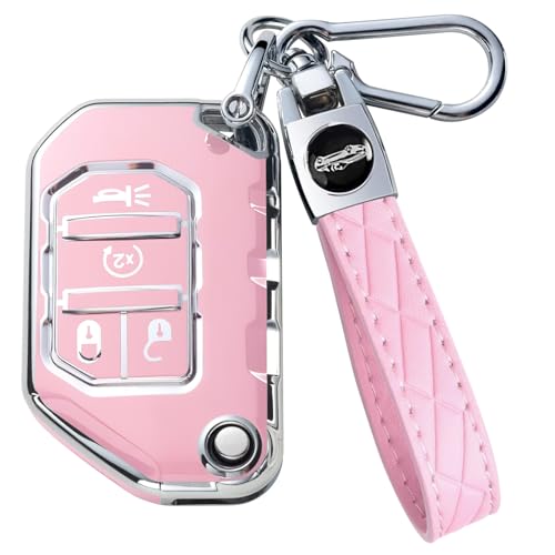 Montague Key Fob Cover for Jeep with Keychain Premium TPU Key Case Compatible with Jeep Wrangler JL JLU Gladiator JT Rubicon Sahara Remote Smart Car Flip Key Protector4 Buttons Pink