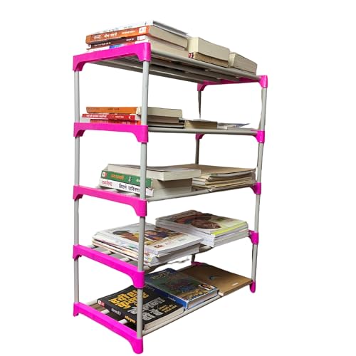 Image of 5 Shelves Layer Modern Simple Home Library, Book Stand Book Shelf with Storage Display Rack Open Bookcase Showcase Stand Book Rack for Study Room (Pink)