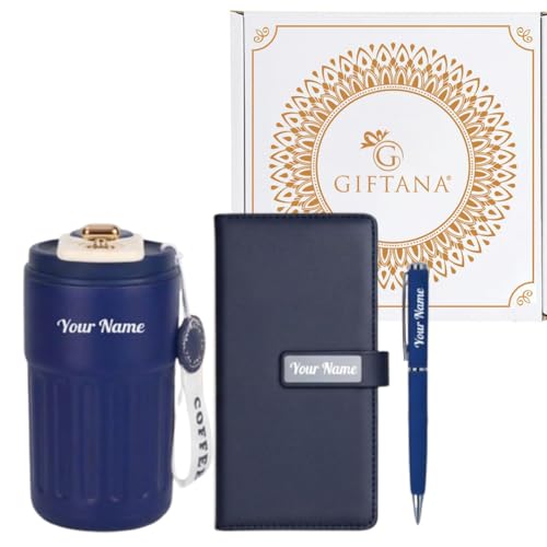 Image of Giftana Personalized Diary with Pen, Coffee Tumbler with Name, 3 in 1 Diary, Pen, Tumbler, Personalized Gifts for Husband Birthday, New Year Corporate Gifts for Employee (Blue 4)