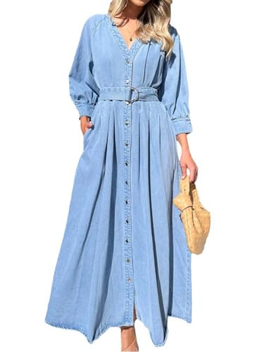 utcoco Damenkleid, 2025, Herbst, Winter, Denim, V-Ausschnitt, 3/4-Ärmel, Knopfleiste, Gürtel, Maxikleider, Blau, XX-Large