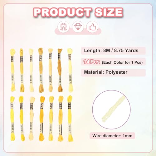 Image of PATIKIL 14 Skeins Embroidery Floss, Polyester Embroidery Threads Bracelets String for Cross-Stitch Hand Embroidery, Multicolored Yellow