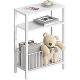 Yoobure Narrow Side Table with Storage Basket, Small End Table for Small Spaces, Skinny Side Tables Living Room Bedroom Office, Slim Nightstand 3 Tier Bedside Table Space-Saving for Magazine, White