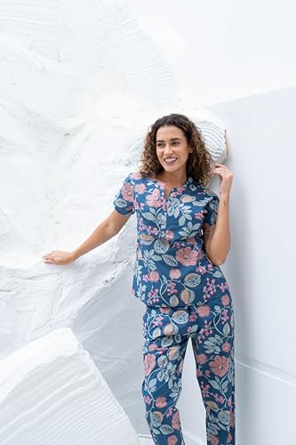 Image of SANSKRUTIHOMES Women's Premium 100% Cotton Printed Co-Ord Set | Short Sleeve Shirt & Pant Set | Pink Checkered Sun & Palm Tree Print | Casual Summer Resortwear, Vacation Wear & Comfortable Loungewear