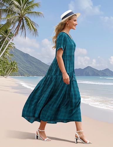 Image of YESNO Women's Summer Maxi Dresses Casual Floral Short Sleeve V Neck Boho Beach Vacation Swing Dress with Pockets EVF