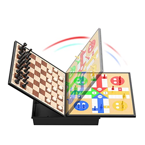 Funllection Magnetic Chess Checkers Ludo Sets, 3 In 1 12.5 Inch Kids Board Game Set cover